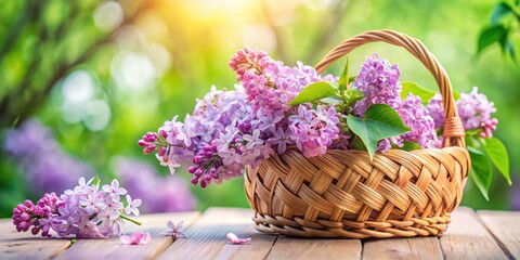 Tilt-Shift Photography: Handmade Bamboo Basket with Lilac Flowers - Springtime Scene