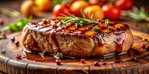 Tilt-Shift Pork Steak Photography: Delicious Juicy Grilled Pork Steak with Rich Sauce