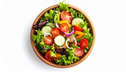Top view of a wooden salad bowl containing fresh tomato, capsicum, red oak lettuce, cucumber, and onion on a white background. Ideal for healthy eating, vegan meals, and food concepts.