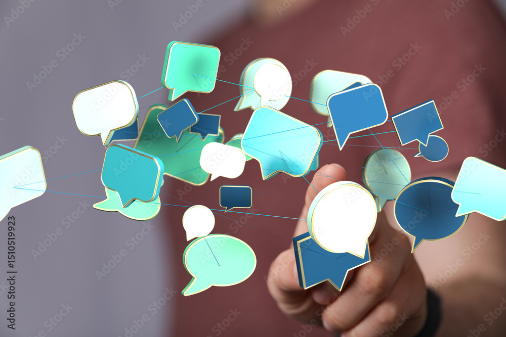 Poster abstract image of interconnected speech bubbles, symbolizing global communication and networking.