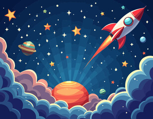 Spacecraft Launching Through Colorful Space Cloudscape