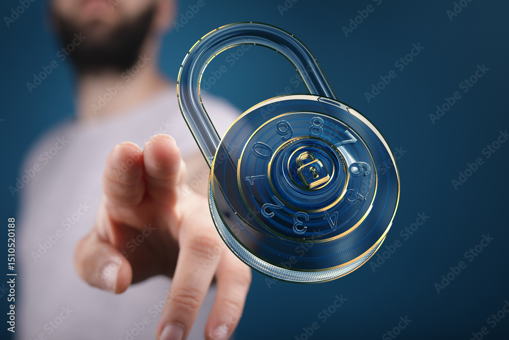 Poster secure your data. cybersecurity concept image. hologram lock.