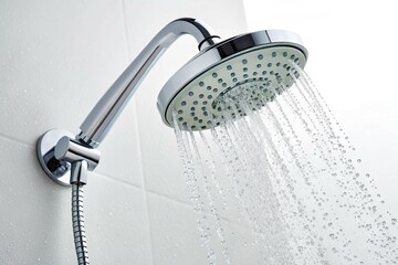 Refreshing Shower Head with Water Flowing Down on white background 