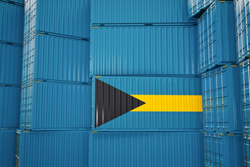 Cargo shipping container with bahamas flag, shipping and freight transportation of bahamas concept.