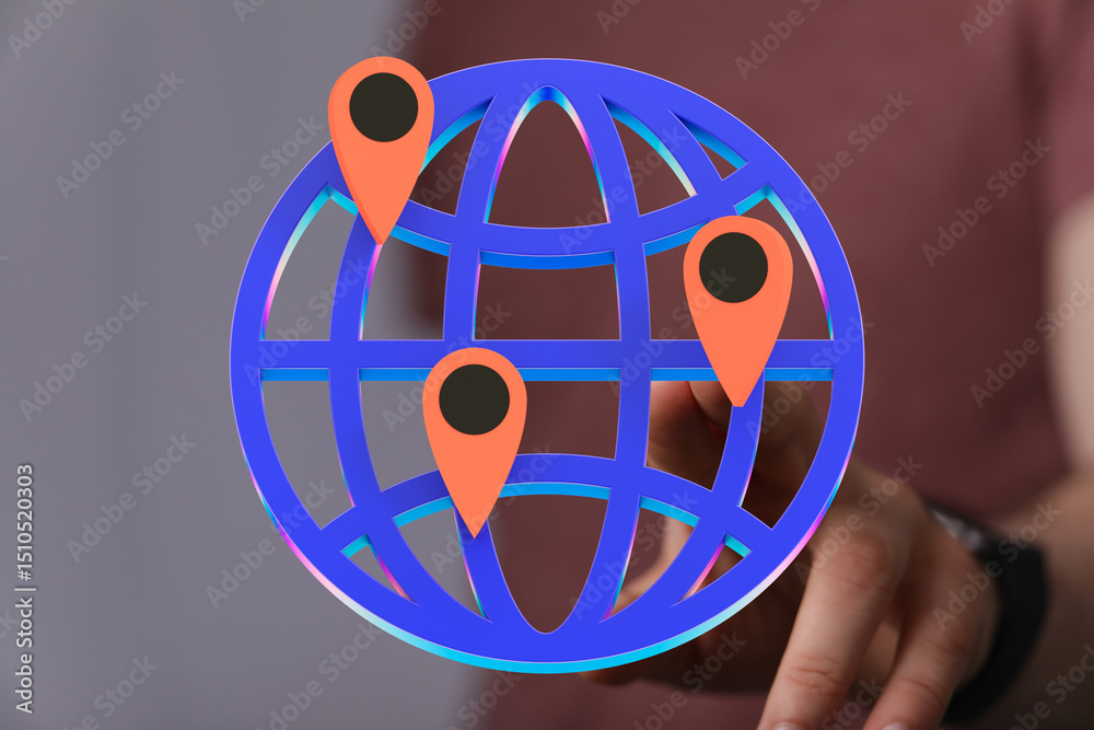 Poster illustration of a global network with location markers, representing worldwide connectivity.