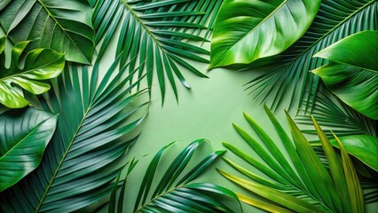 Tropical Palm Leaves Flat Lay, Green Leaf Background, Summer Vibes, Copy Space, Top View Photography