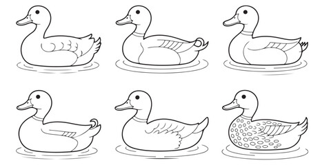 Silhouettes of Ducks Swimming on Water, Duck Silhouettes in Various Poses, Cute Cartoon Ducks Illustration Set Black and White