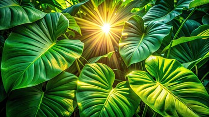 Tropical Sunlight, Lush Green Leaves,  Exotic Foliage,  Nature Photography, Sunlight Through Leaves, Green Leaf Background,  Vibrant Greens,  Jungle Leaves, Rainforest Plants