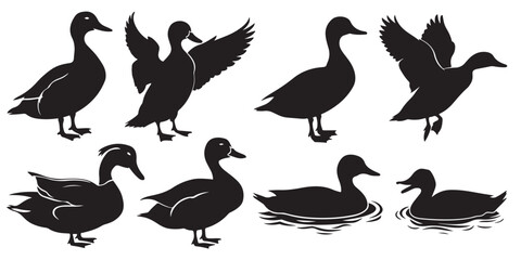 Silhouettes of Ducks Swimming on Water, Duck Silhouettes in Various Poses, Cute Cartoon Ducks Illustration Set Black and White
