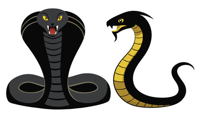 Fototapeta premium Cartoon Illustration of Two Stylized Black Snakes A Cobra and a Striped Serpent