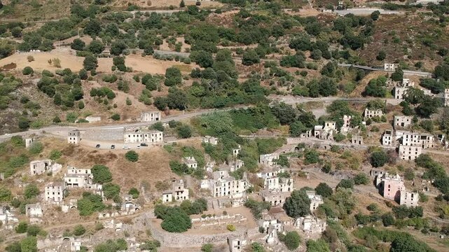 The drone view to the ghost town of Gairo Vecchio, Sardinia, Italy