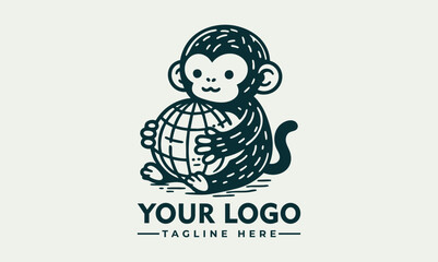 Illustrated monkey holding planet Earth gently with closed eyes and peaceful emotion. Environmental care concept
