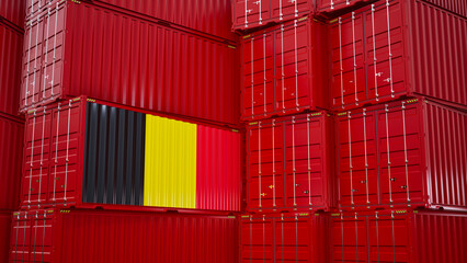Cargo shipping container with belgium flag, shipping and freight transportation of belgium concept.