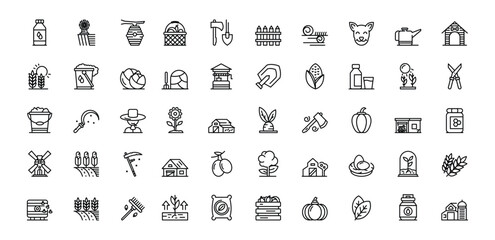 A collection of line art icons representing farming and agriculture