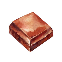 Watercolor chocolate piece, hand painted single dark chocolate square, sweet dessert, candy, isolated realistic food illustration