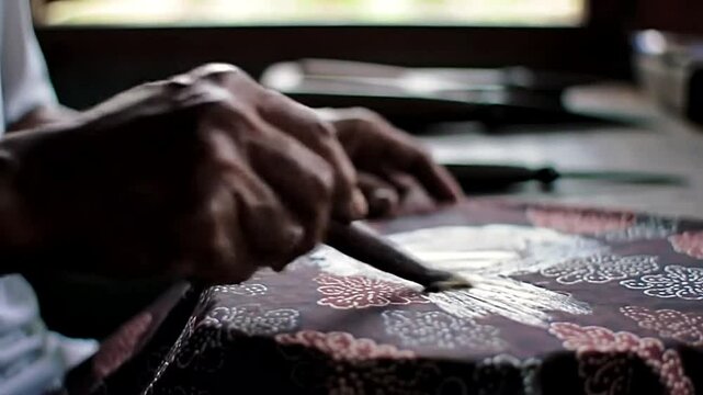 Close-up of an Indonesian artisan meticulously crafting batik fabric, showcasing traditional techniques and cultural heritage. Authentic, detailed, and inspiring.