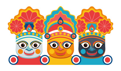 Happy Rath Yatra holiday background celebration. Lord Jagannath, Balabhadra and Subhdra. Flat print t-shirt design