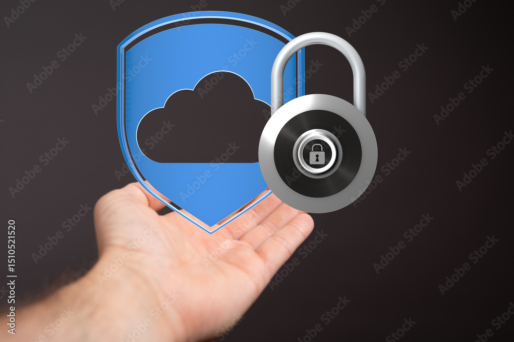 Poster Image of a hand holding a digital shield and lock, symbolizing secure cloud data protection.