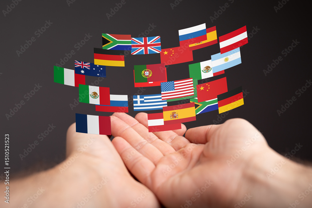 Poster image of hands gently holding a collection of diverse flags, symbolizing international unity and coo
