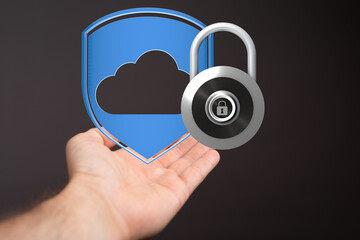 Image of a hand holding a digital shield and lock, symbolizing secure cloud data protection.