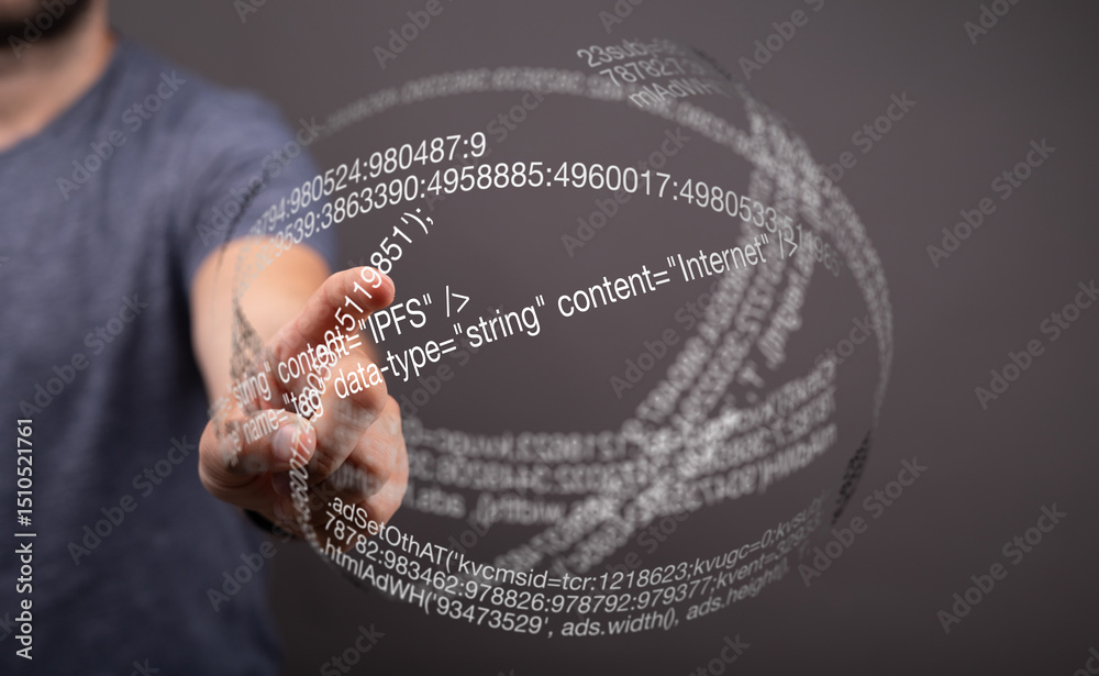 Poster a person interacts with a digital sphere showing data and code, representing technology and the inte