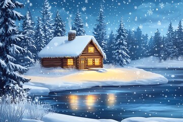 Naklejka premium Cozy log cabin glows warmly by the frozen river amid falling snowflakes near forest