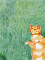 Cute Orange Cat Sleeping on The Grass &ndash; Watercolor Illustration