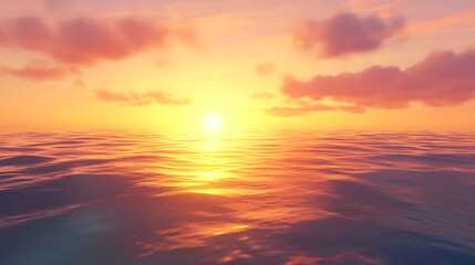 Fototapeta premium Golden sunlight reflects brightly over the peaceful ocean waves under a pastel orange sky