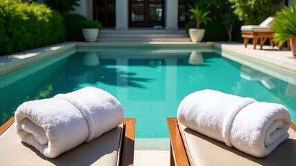 Relaxing Poolside Scene with Plush White Towels on Lounge Chairs Ready for a Tropical Escape