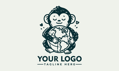 Illustrated monkey holding planet Earth gently with closed eyes and peaceful emotion. Environmental care concept
