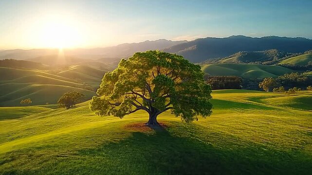 Majestic Sunrise over Rolling Hills and Lone Tree