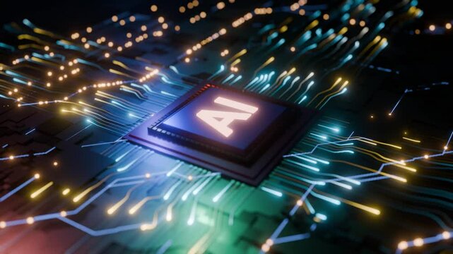 未来の高度な技術と革新を象徴する回路基板上のAIマイクロチップ