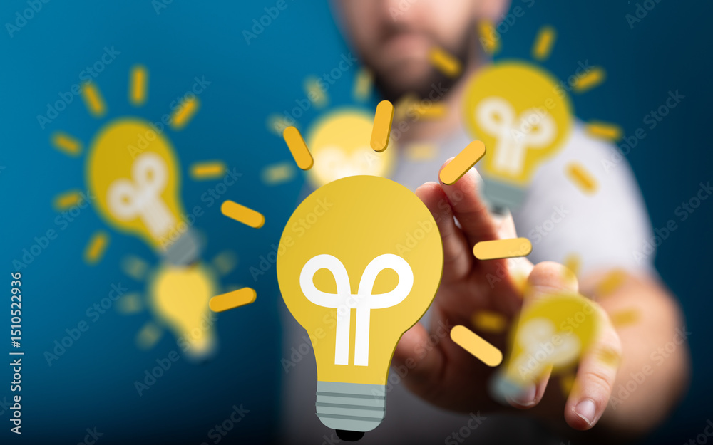 Poster boost your creativity! stock photo of hands interacting with glowing lightbulb icons, symbolizing in