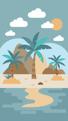 Tropical beach scene featuring stylized palm trees, sandy shore, calm water, and distant mountains under a bright sun and fluffy clouds, evoking a serene vacation atmosphere