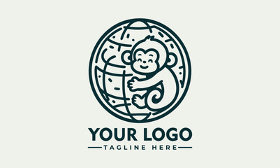 Fototapeta premium Illustrated monkey holding planet Earth gently with closed eyes and peaceful emotion. Environmental care concept 
