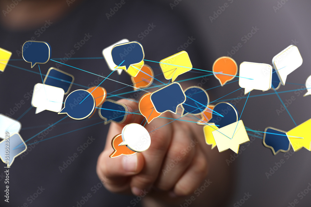 Poster abstract image of interconnected speech bubbles, symbolizing global communication and networking.