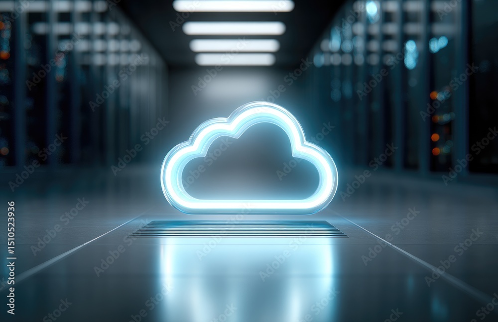 Poster glowing neon cloud icon on polished floor in futuristic hallway, symbolizing modern cloud computing 