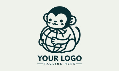 Illustrated monkey holding planet Earth gently with closed eyes and peaceful emotion. Environmental care concept
