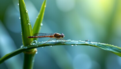 a damselfly on a dew covered bamboo leaf, close up wildlife macro, crystal water drops and smooth light diffusion