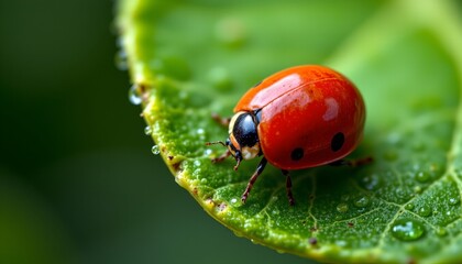 Fototapeta premium a ladybug climbing a mango leaf edge with morning dew, macro photo, bright red shell and smooth green gradient background