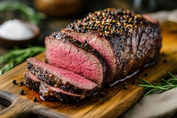 Sliced peppercorn crusted roast beef on wooden board