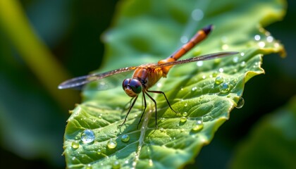 Fototapeta premium a dragonfly perched on a papaya leaf with glistening dew, extreme macro detail, veined wings and glowing green background, vivid color and clarity