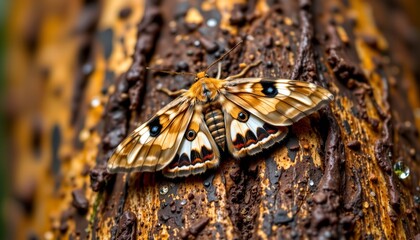 a moth resting on a banana tree trunk with misty dew, macro shot, textured bark and moisture details, rich earthy backdrop