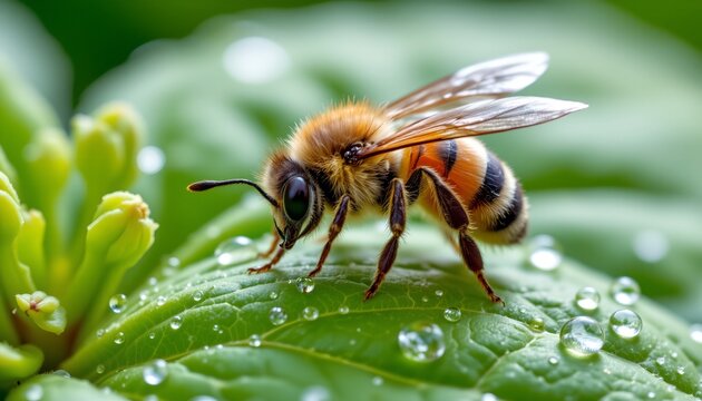 a bee landing on a thai basil leaf with morning dew, ultra macro focus, fuzzy body and sparkling drops, soft herbal background