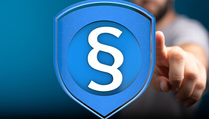 Concept image of digital shield with legal paragraph symbol, representing secure legal protection.