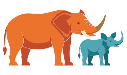 Fototapeta premium Illustration of Orange Elephant and Blue Rhinoceros Standing Side by Side, Isolated on White