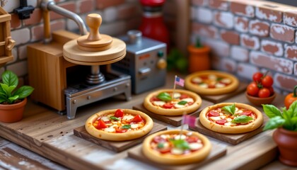 detailed 3d render of a miniature pizza factory, rotating wooden topping spinner and cheese shredder arm, pizza crusts receiving tomato sauce and veggie toppings on wooden planks