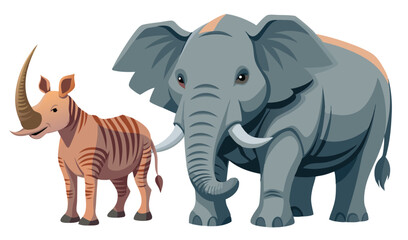 Obraz premium Cartoon Gray Elephant and Striped Rhinoceros Standing SidebySide Wildlife Illustration Isolated on White