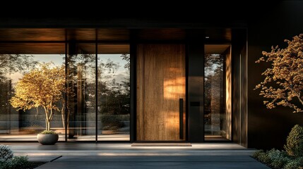 Modern home entrance with large windows and wooden door