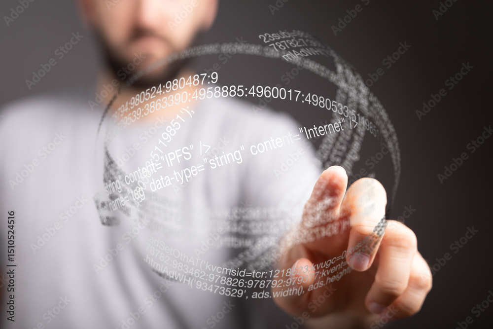 Aufkleber person touching a holographic sphere of digital code, representing innovation and technology.